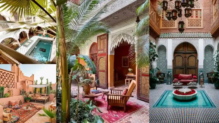 Traditional Moroccan riad courtyard with pool, offering budget-friendly stays in Marrakech's medina.