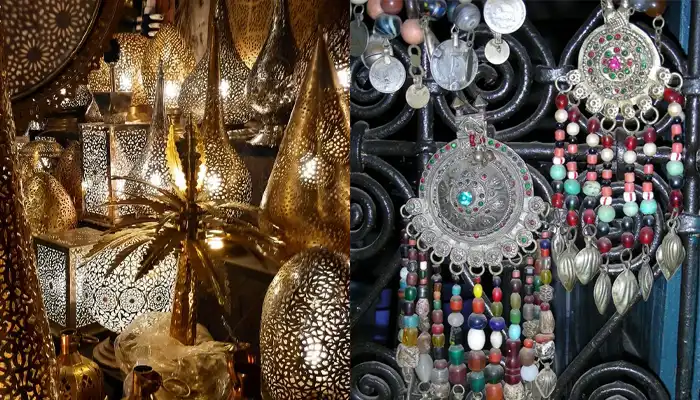 Exquisite jewelry and traditional Moroccan lanterns displayed in a Marrakech market.