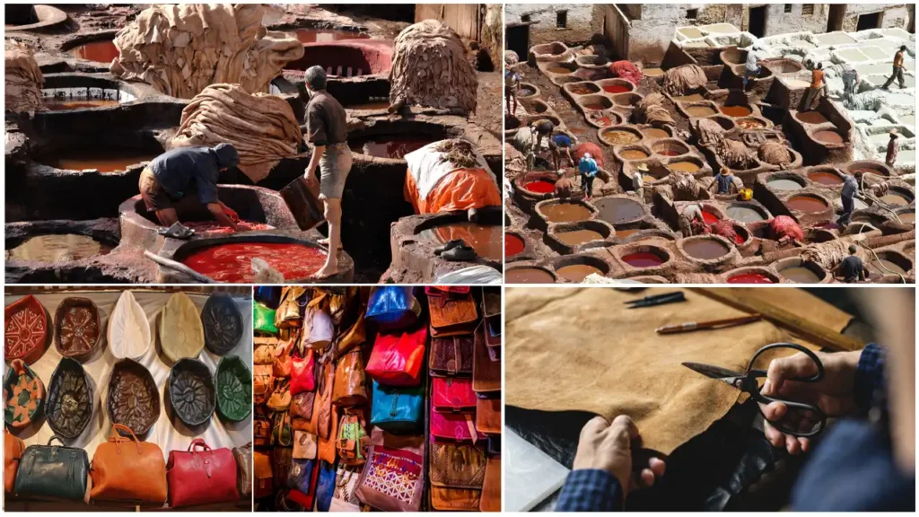 Artisan working on leather at a tannery in Fes, Morocco, showcasing the traditional process of tanning and dyeing hides using natural methods.