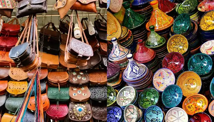 Handcrafted leather goods and artisanal ceramics showcased in a vibrant Marrakech souk.