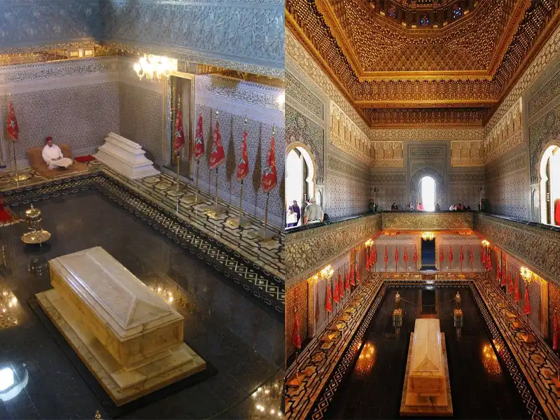 Photo showcasing the Mausoleum of Mohammed V, highlighting its architectural details and serene surroundings in Rabat.