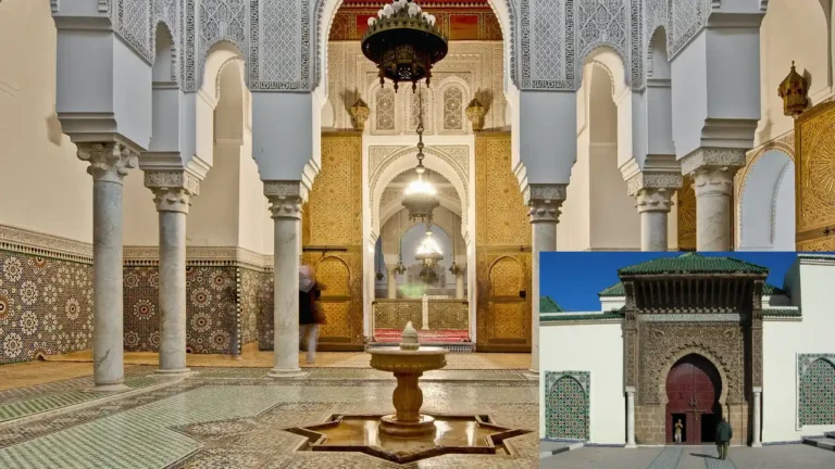 Tranquil courtyard of the Mausoleum of Moulay Ismail in Meknes, highlighting its serene atmosphere and detailed craftsmanship.