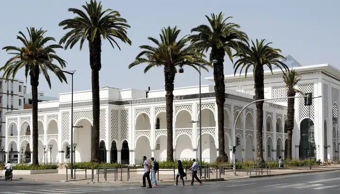 Mohammed VI Museum of Modern and Contemporary Art in Rabat, Morocco, featuring a striking modernist facade and showcasing Moroccan artistic innovation.