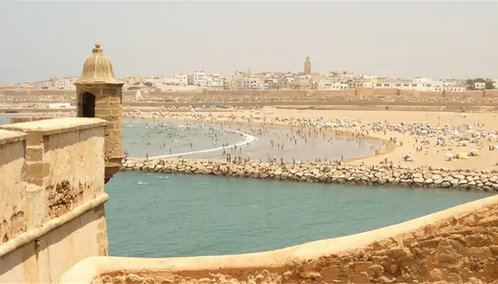 Rabat beaches along Morocco’s Atlantic coastline, featuring sandy shores, clear waters, and a relaxing seaside atmosphere.