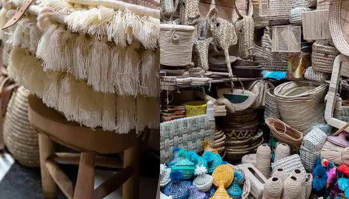 Wooden crafts and tools displayed at Souk Chouari in Marrakech, highlighting local craftsmanship.