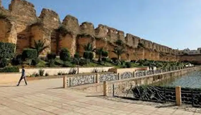 Detailed view of Moroccan architecture in Meknes, showcasing intricate geometric patterns, zellij tilework, and ornate carved designs.