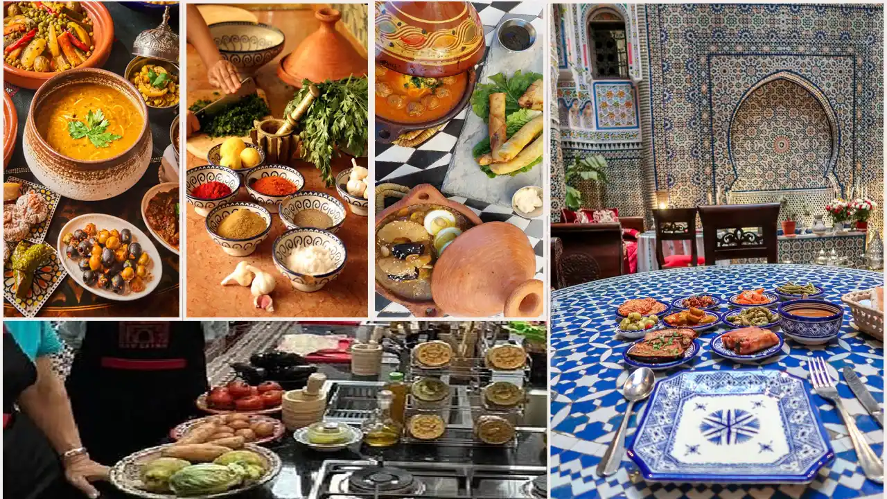 Vibrant display of Fes food featuring traditional Moroccan dishes like tagine, pastilla, and colorful street food, set against the backdrop of a bustling medina.