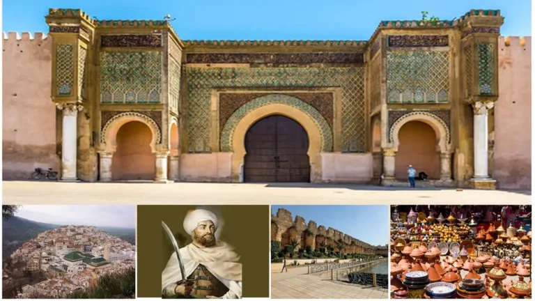 Collection of Meknes attractions, including Bab Mansour, the historic medina, and the Royal Stables, showcasing the city’s cultural and architectural heritage.