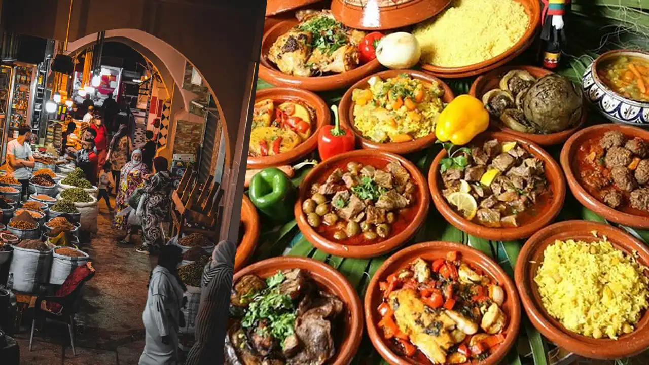 Assorted traditional Moroccan dishes from Meknes, including tagine, couscous, and local pastries.