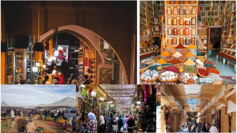 A bustling scene in the souks of Meknes, with vibrant stalls displaying spices, textiles, and handcrafted goods, capturing the lively atmosphere of Moroccan markets.