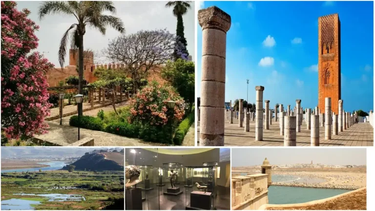 A collage of Morocco Rabat attractions, including historical landmarks, lush gardens, and vibrant cityscapes, showcasing the city’s rich heritage and modern charm.