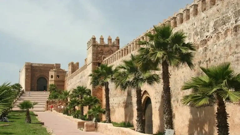 Rabat medina's narrow streets with white-and-blue buildings and traditional Moroccan doors.