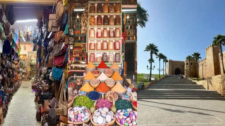 Colorful stalls and artisans at Rabat souks showcasing Moroccan crafts and spices.