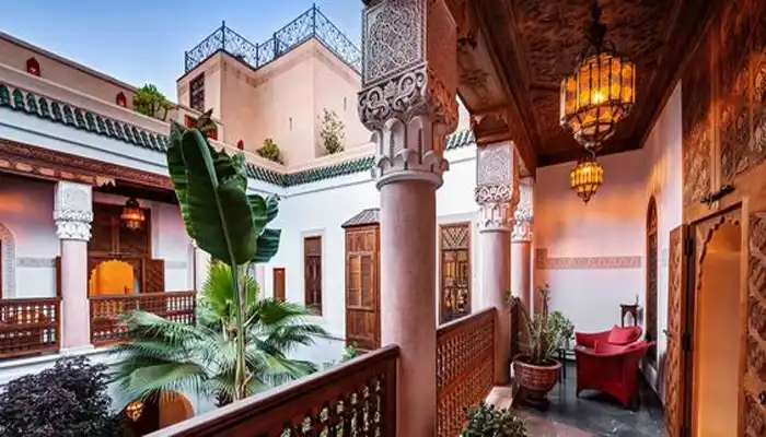 Traditional riads in Marrakech with serene courtyards and Moroccan architecture.