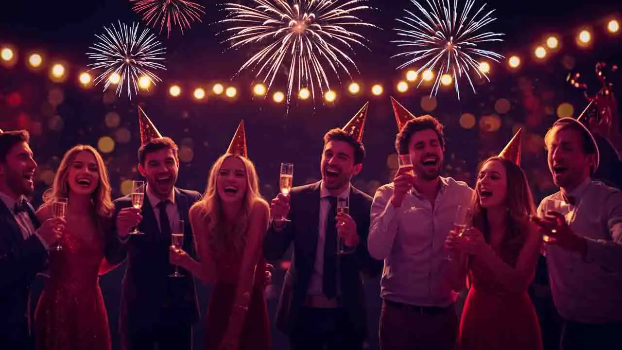 Celebrating New Year in Marrakech at Jemaa el-Fnaa Square, featuring vibrant lanterns, bustling food stalls, and traditional performers in a lively festive atmosphere.